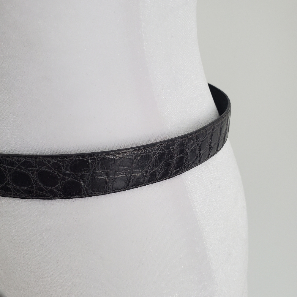 PERRY ELLIS Women's Black Leather Croc Belt Silvertone Square Buckle Distressed - Picture 5 of 8